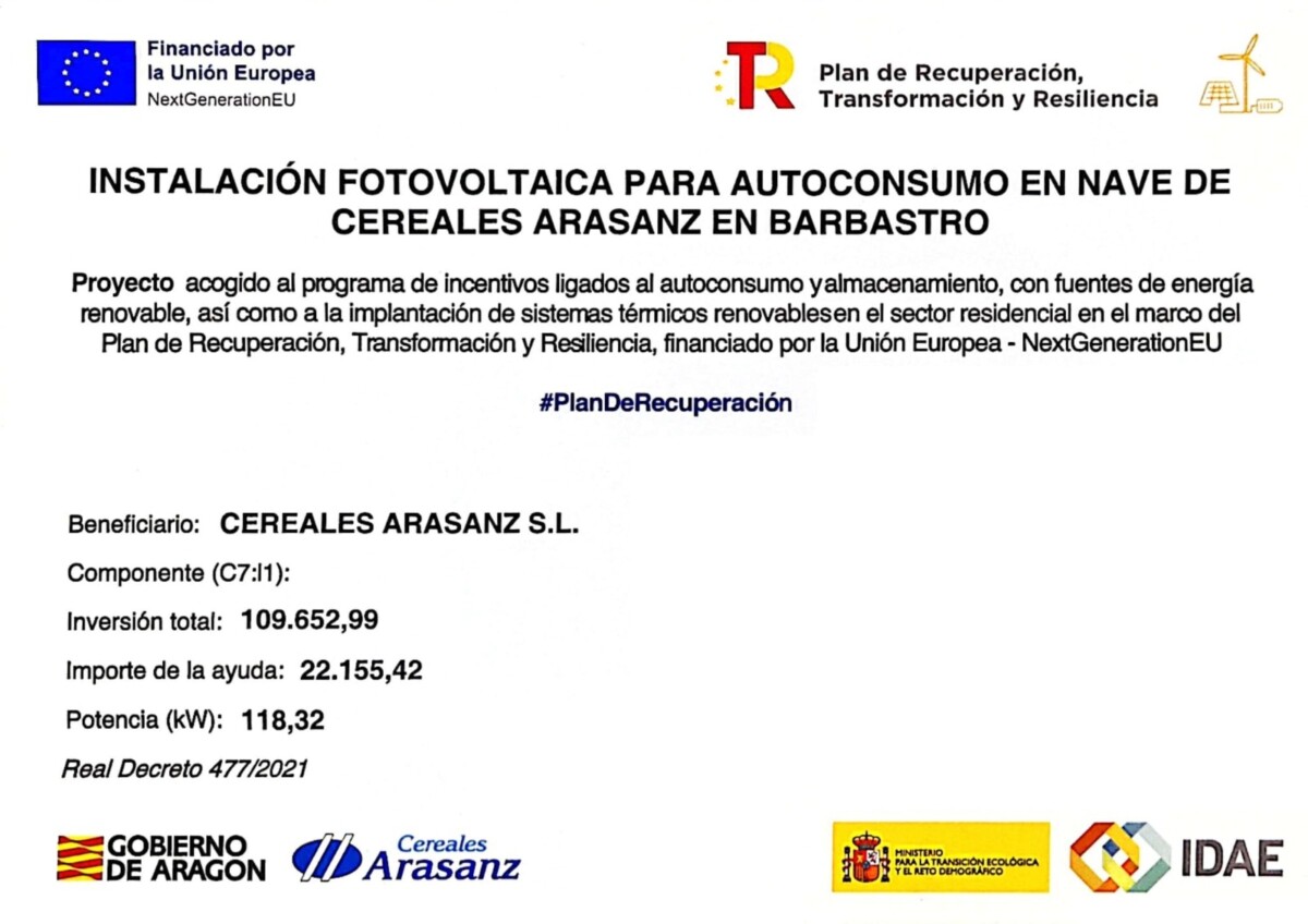 Cereales Arasanz recibe el apoyo de los Fondos Next Generation para la instalación fotovoltaica  